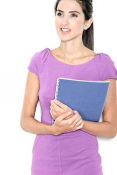 Professional business woman holding blue folders in a purple smart dress