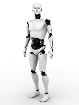 Male robot standing. White background.