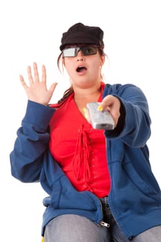 Girl watching 3D show. Isolated on white background
