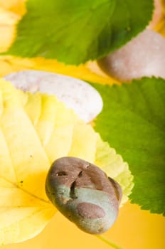 Yellow and green fallen down leaves, background