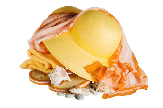 beach set hat and slippers, isolated on white