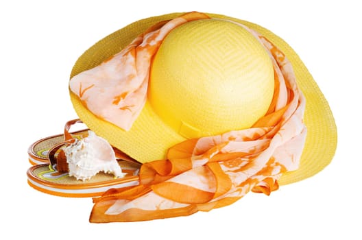 beach set hat and slippers, isolated on white