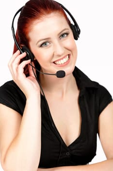 Professional woman talking on a headset in her office at work. With white background