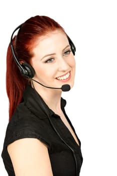 Professional woman talking on a headset in her office at work. With white background
