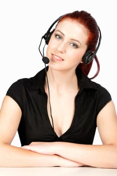 Professional woman talking on a headset in her office at work. With white background
