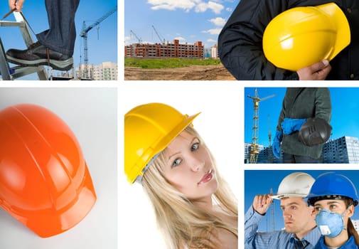 workers with equipment on building background sets