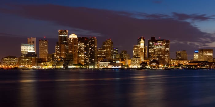 Boston skyline by night from East Boston, Massachusetts - USA