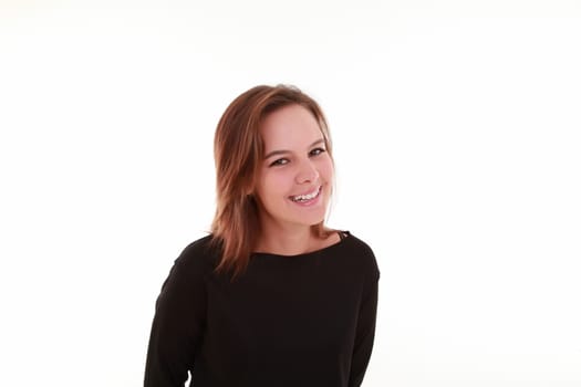 Horizontal portrait on white background of nice girl