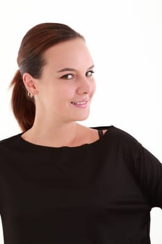 Vertical portrait of young female on white background