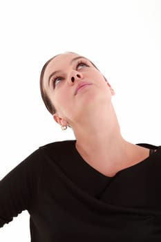 Young beautiful woman looking up with copyspace