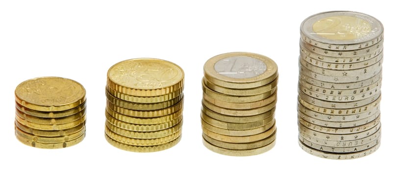 four stacks of euro money coins