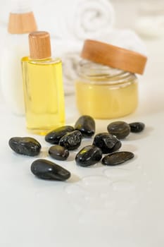 Close-up of spa body care products wellness treatment