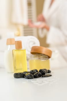 Close-up body care products spa treatment in bathroom