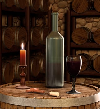 A candle lit shot of a wine bottle and glass of wine inside of a wine cellar