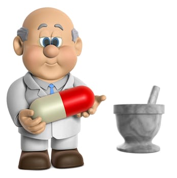 A 3D illustrations of "Wilfred"" Holding A Hypodermic Needle on a white background"