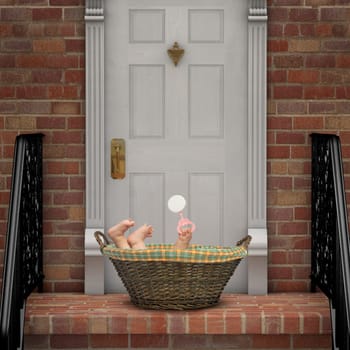 Baby in a basket on a doorstep