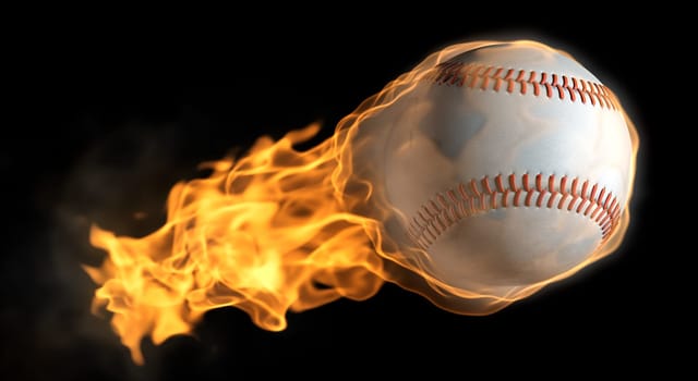 A base ball thats on fire flying through the air