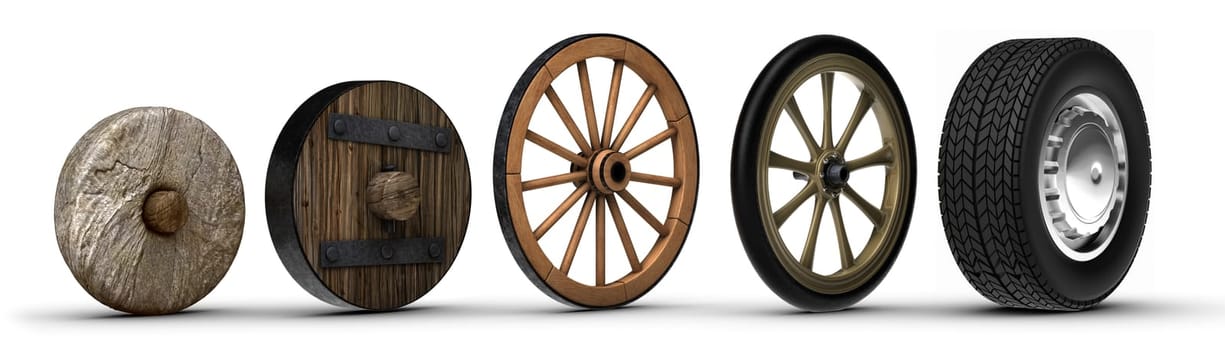 Illustration showing the evolution of the wheel starting from a stone wheel and ending with a steel belted radial tire. Shot on a white background.