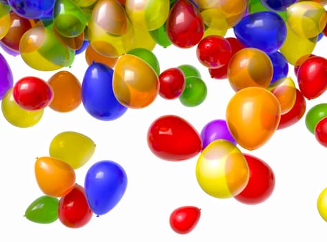 Multi-colored balloons falling from above over a white background