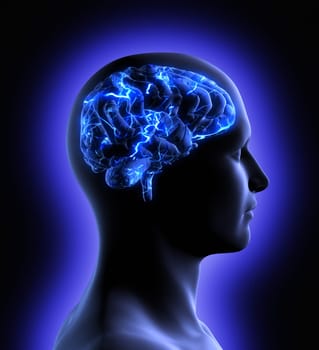 Conceptual image of a man from side profile showing brain and brain activity.