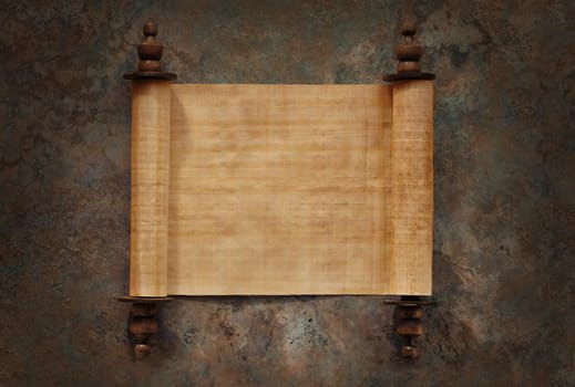 Ancient parchment scrolls with blank papyrus opened on a stone background with clipping path