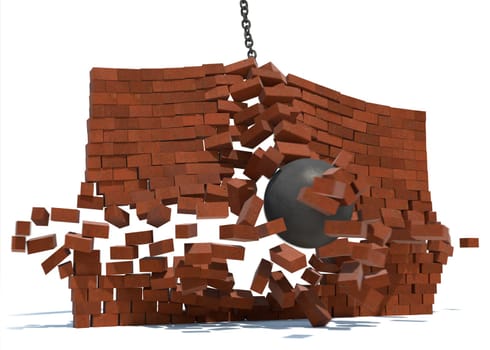 A wrecking ball destroying a brick wall on a white background.