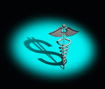 Chrome caduceus casting a shadow of a dollar on a green background under a spotlight