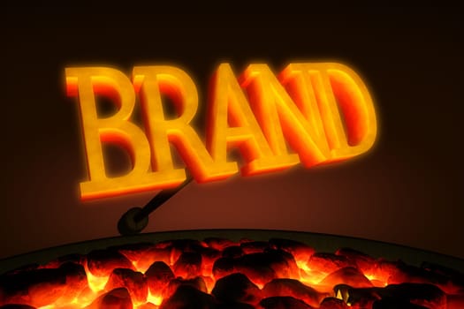 Red hot branding iron with the word "BRAND"" in glowing letters over a brazier of red hot coals"