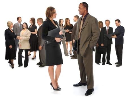 Group of corporate business people networking on a white background