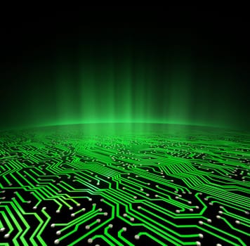 Landscape made of a printed circuit board with a glowing green horizon