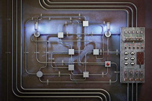 Industrial electrical conduit running along a concrete wall next to an electrical control panel