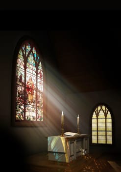 Interior of a dark church with a stained glass window beaming light upon the altar