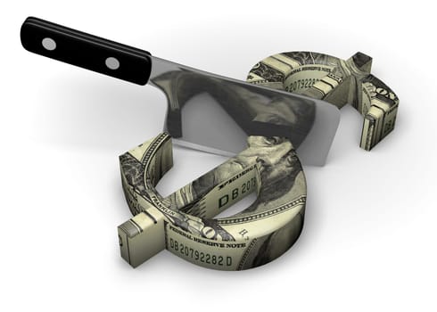 Meat cleaver cutting a dollar sign in half on a white background
