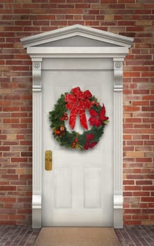 Christmas wreath hanging on a traditional wooden door