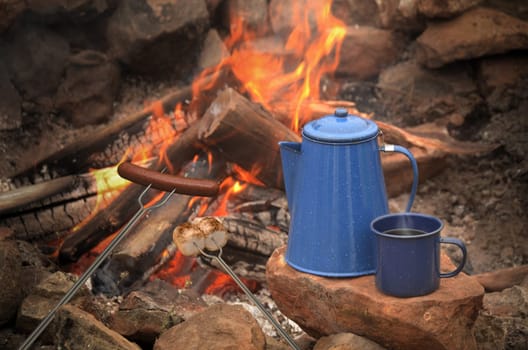 hotdog and marshmallows roasting over a campfire next to a blue enamel coffee pot and mug filled with coffee