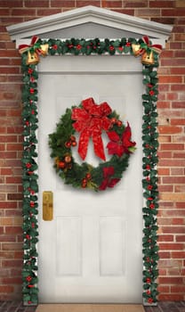 Christmas wreath hanging on a traditional wooden door decorated with a holly garland