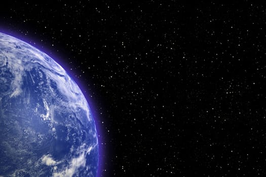 View of planet earth in space and twinkling stars in the background
