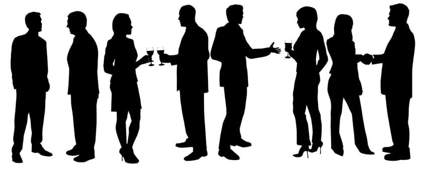 Silhouettes of men and women holding drinks at cocktail party on white background