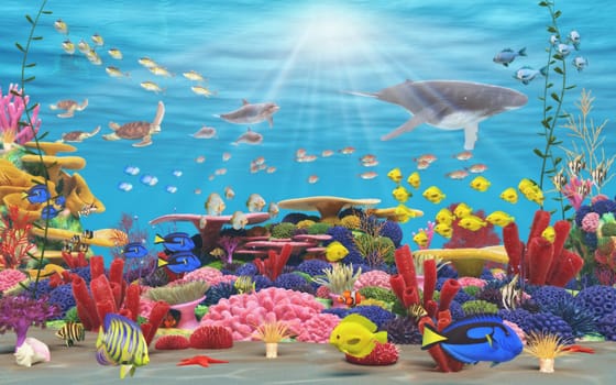 A vibrant underwater coral scene showing Fish, underwater mammals, and bright coral .