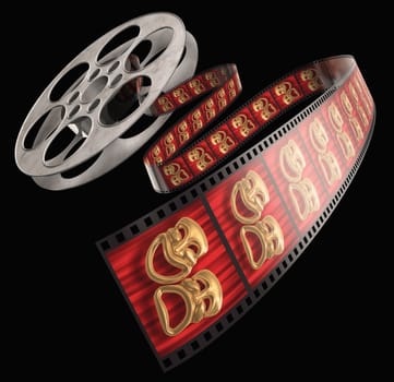 Movie film reel isolated on a white background with comedy/tragedy masks on the celluloid