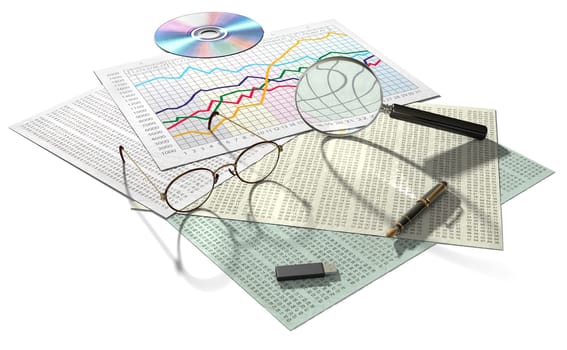 Statistical documents on a white surface with CD, thumb drive, magnifying glass, glasses and fountain pen