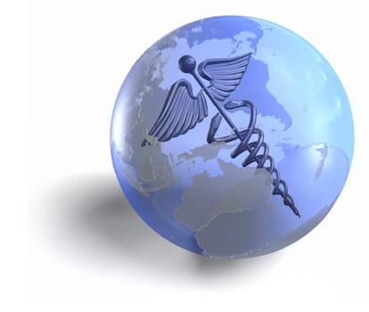 Transparent earth globe with a medical caduceus inside of it