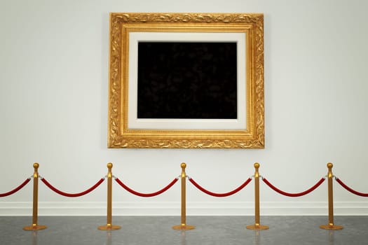 Art museum gallery with blank painting frame hanging on the wall