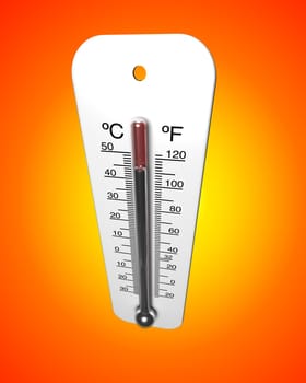 Weather thermometer reading a high temperature against a hot orange gradient