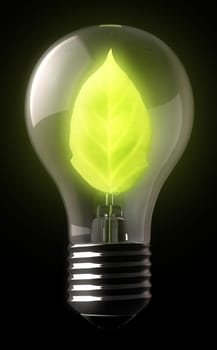 A standard lightbulb with a  lit green leaf on the inside.