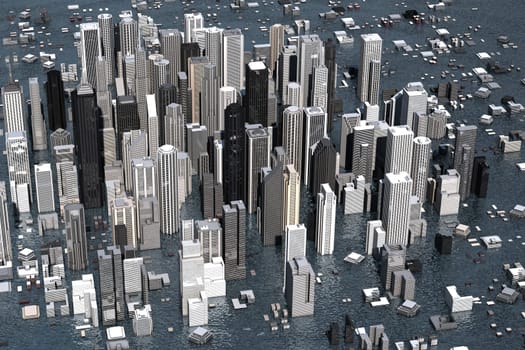 Urban metropolis under water from rising sea levels
