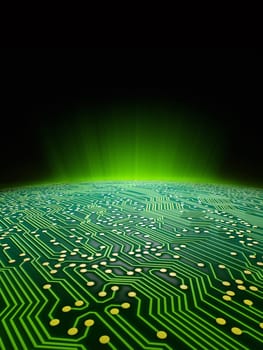 Digital landscape consisting of a glowing green sci-fi sunrise over a printed circuit board formated for use as a report cover for a technology firm