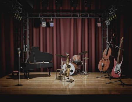 Stock Photo of musical instruments set up on stage for jazz music.