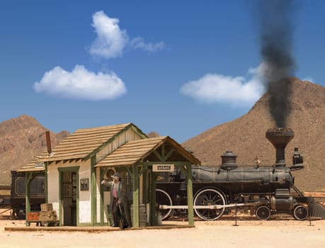 Old West train station and locomotive