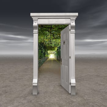 Portal into another dimension represented by a doorway in the middle of a barren wasteland opening into a garden path with a light at the end